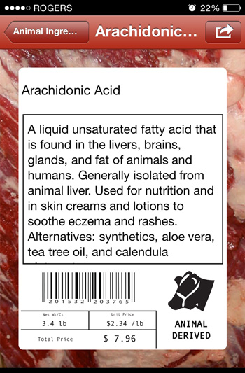 Screenshot of an animal ingredient: Arachidonic Acid from the Animal-Free mobile app 