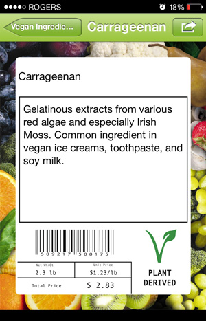 Screenshot of the vegan ingredient: Carrageenan from the Animal-Free mobile app 