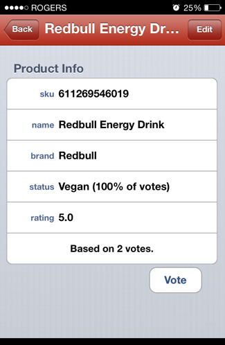 Screenshot of product search result in the Animal-Free mobile app 