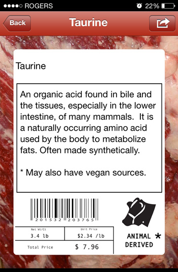 Screenshot of an ingredient: Taurine from the Animal-Free mobile app 