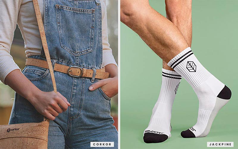 Corkor vegan accessories made from cork leather and Jackpine athletic vegan socks, completely wool-free.