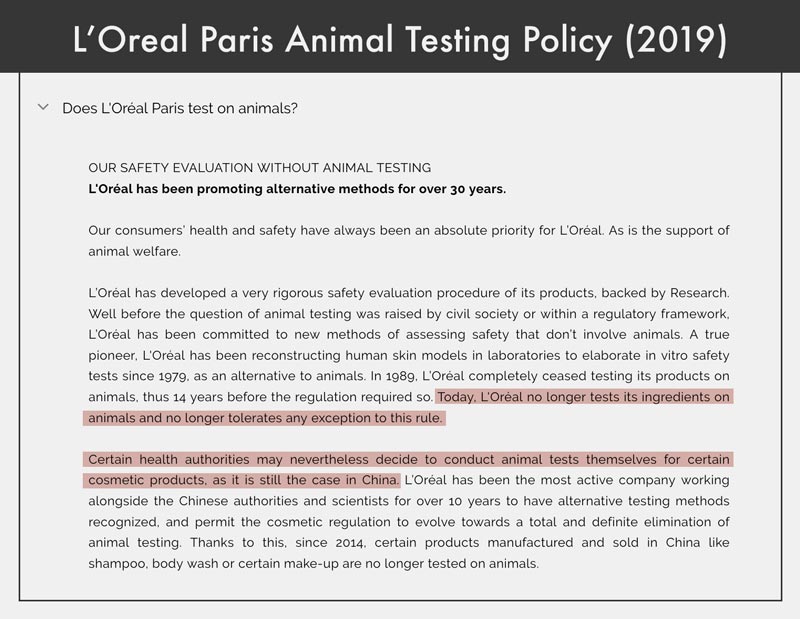 L'Oreal Paris Animal Testing Policy (2019)