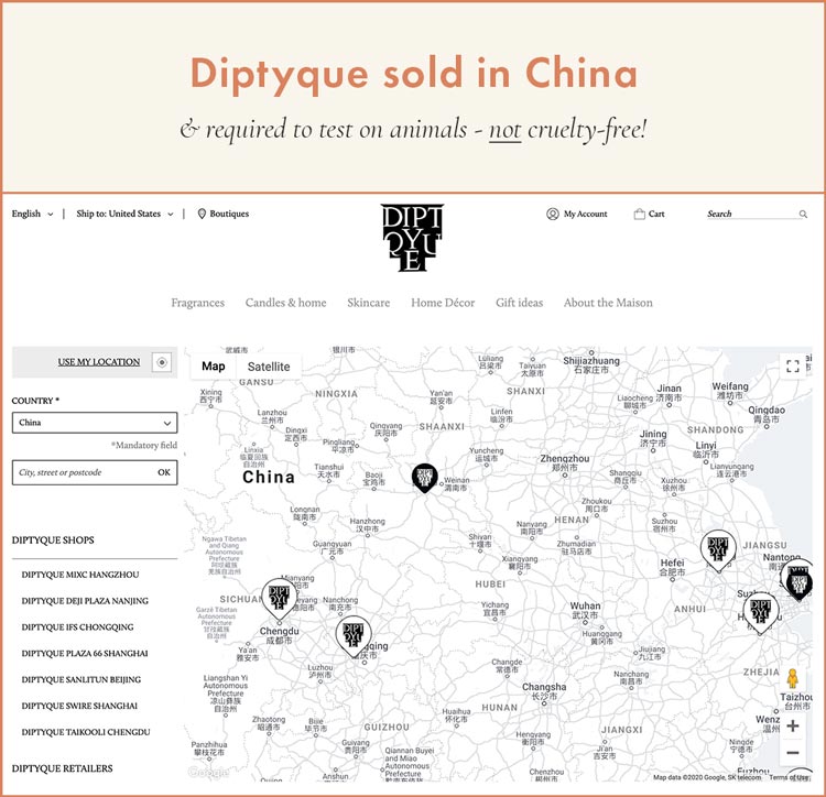 Diptyque sold in China - required to test on animals and NOT cruelty-free