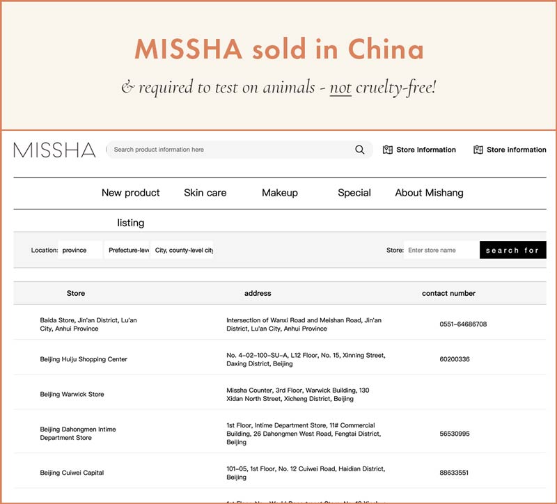 Missha sold in China - NOT Cruelty-Free!