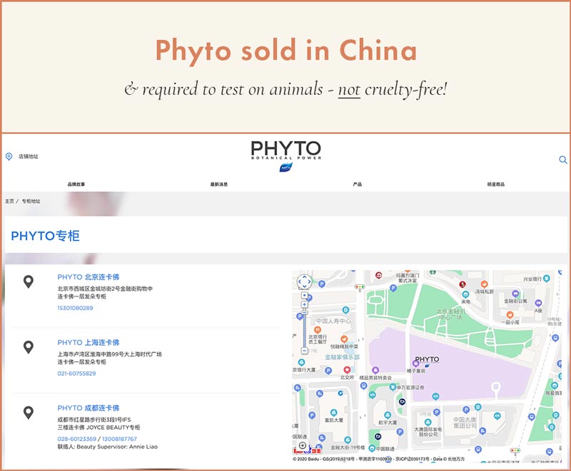 Phyto sold in stores in mainland China; cannot be cruelty-free!