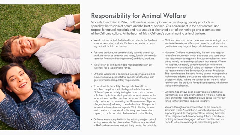 Oriflame Responsibility for Animal Welfare