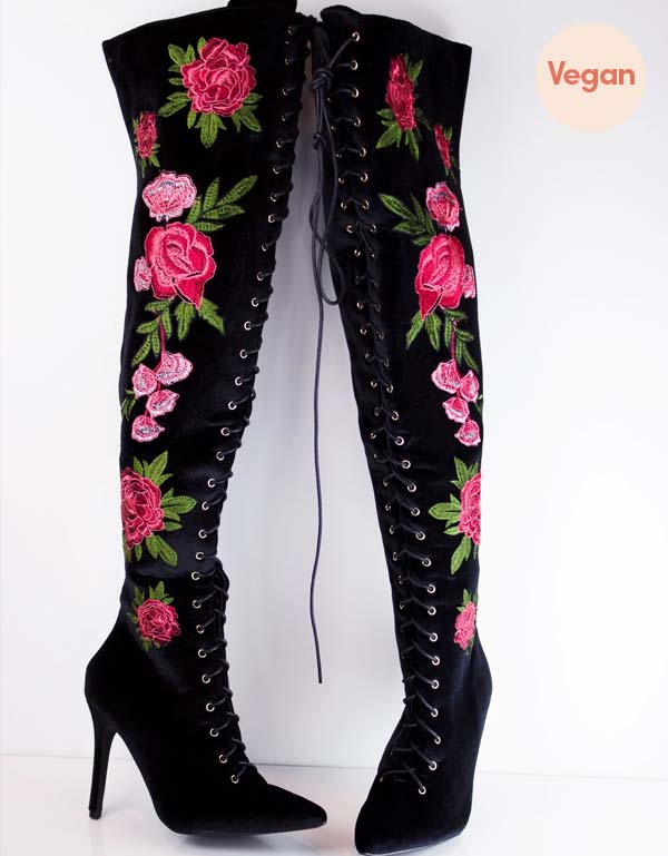 Embroidered Velvet Thigh High Vegan Boots by Blue District
