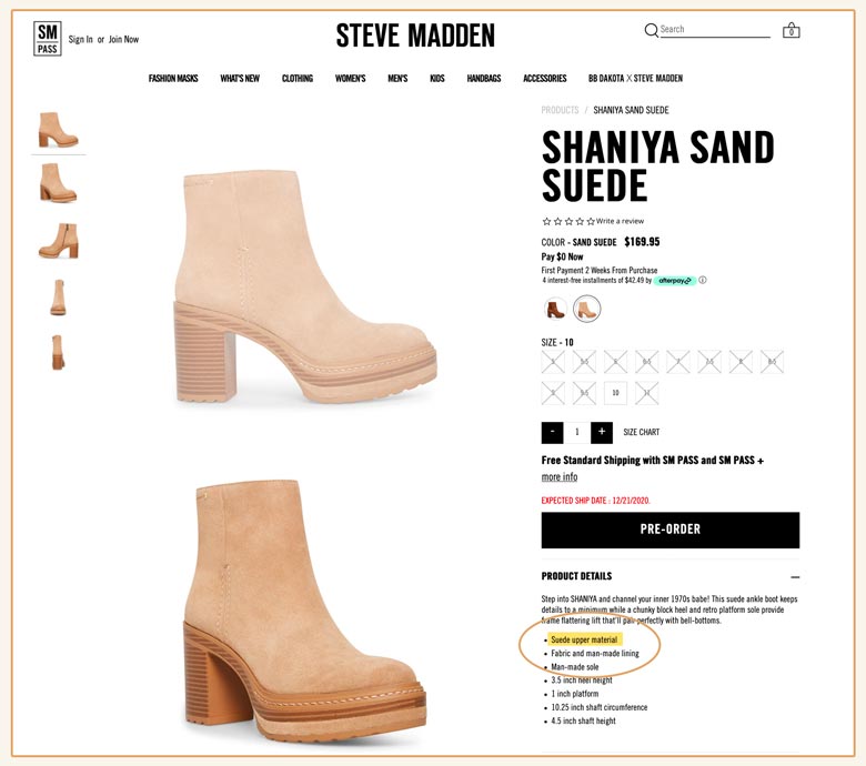 these shoes were in Steve Madden's 'vegan heel' section but they're made with animal suede!