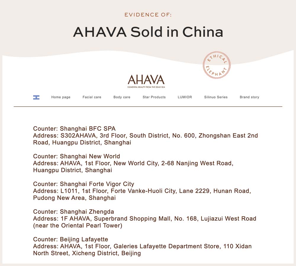 AHAVA list of counters sold in China - NOT Cruelty-Free!