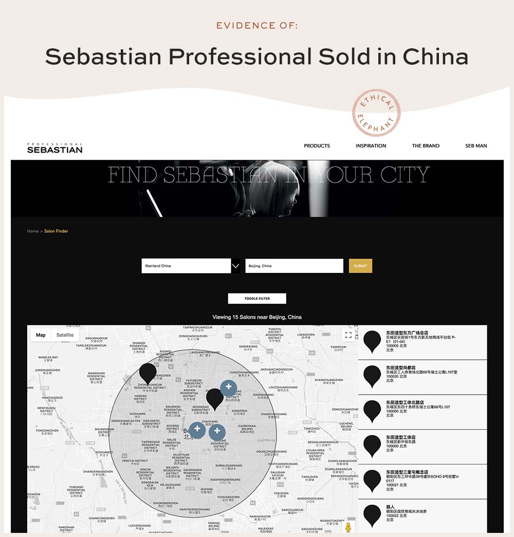 Sebastian Professional sold in China - NOT Cruelty-Free!