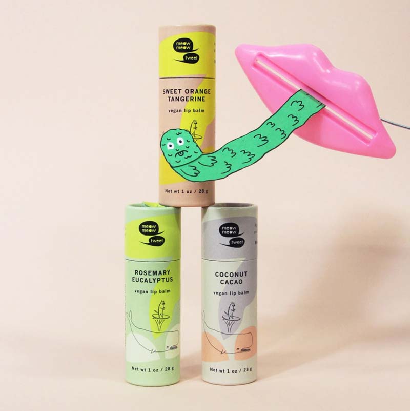 Meow Meow Tweet vegan lip balms -  plastic-free, compostable paper tubes