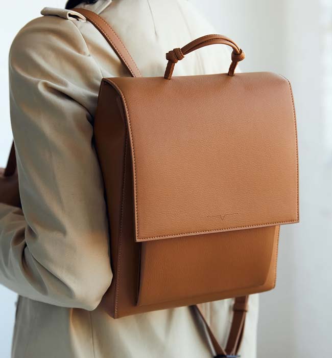 Faux Leather Brown Backpack Vegan Backpack Water Resistant 